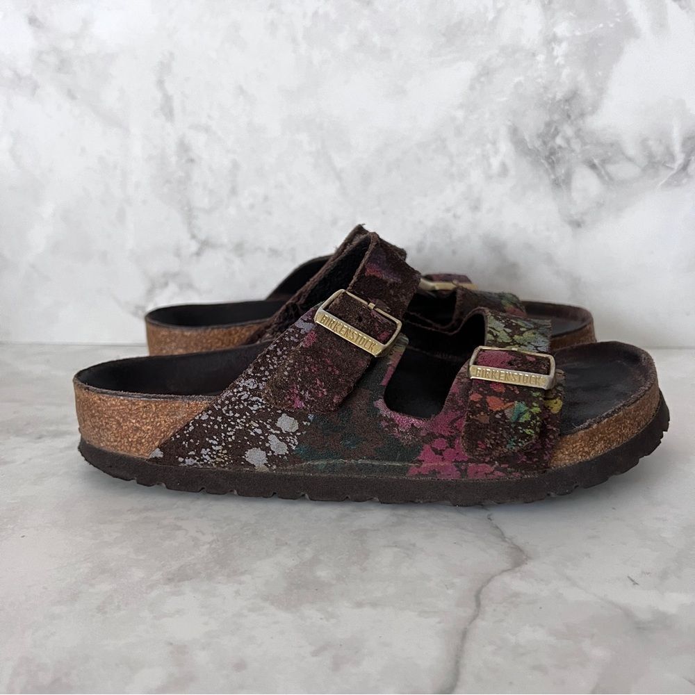 Birkenstock Arizona Leather Flower Crush Mocha Sandals - Picture 2 of 13